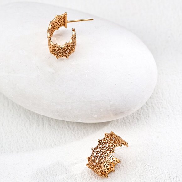 ✨ Artisan Original Gold Lace Filigree Hoop Earrings | S925 Sterling Silver - Picture 5 of 7